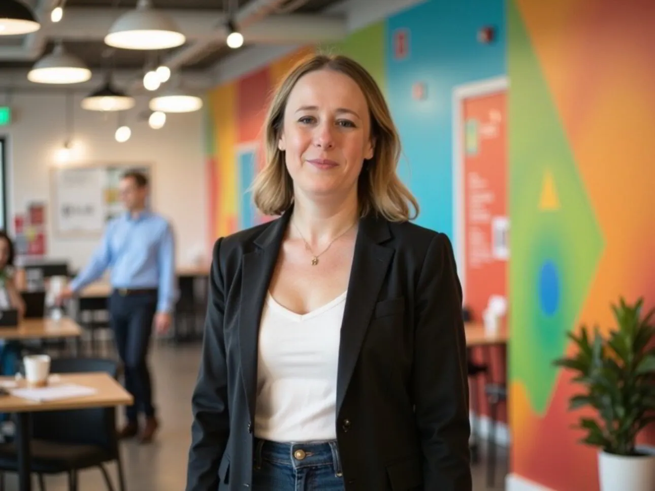 La Dre Élodie ELIOT debout dans un espace de travail aux murs colorés